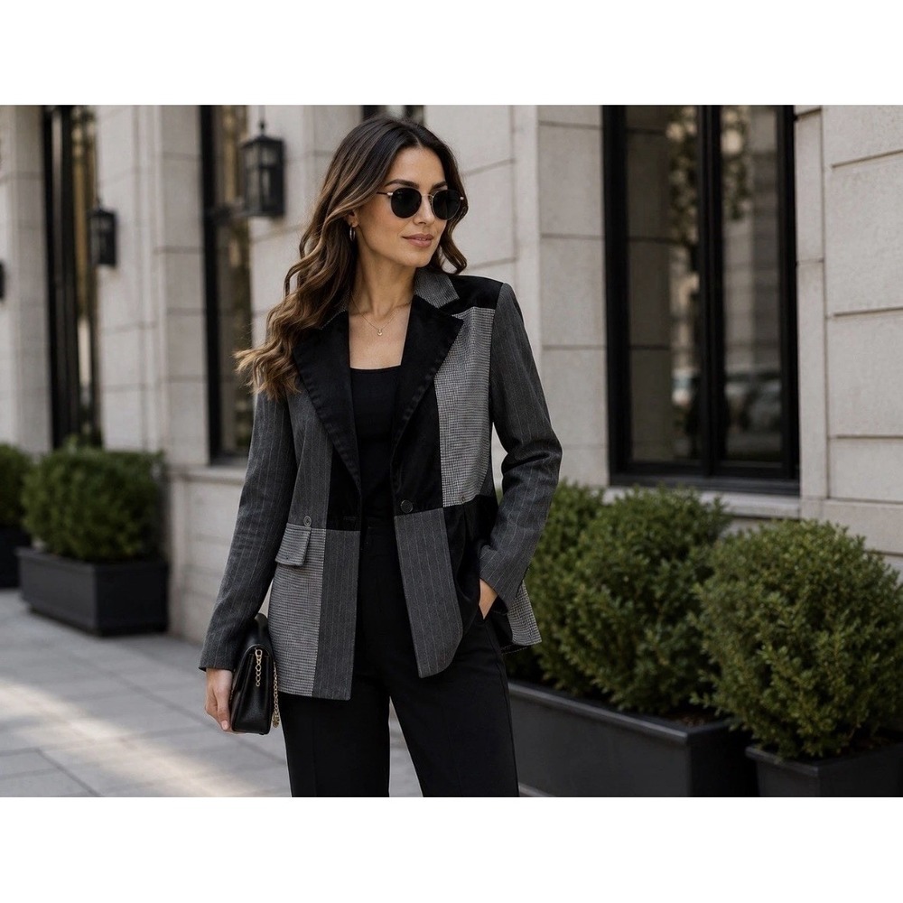 Nicole Miller Women's Patchwork Blazer Graphite Black Size L NWT $128 MSRP F38
